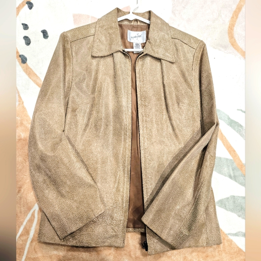 Vtg Womens Medium Tan Leather Snakeskin Print Textured Jacket Zip Boho